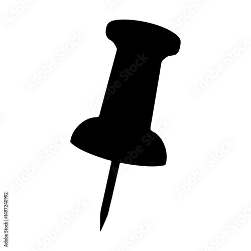 Solid Black Silhouette of a Thumbtack or Pushpin on a White Background