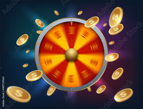 Bright spinning fortune wheel with dollar coins flying around and radial motion blur. Ideal for casino, gaming, or bonus win interfaces