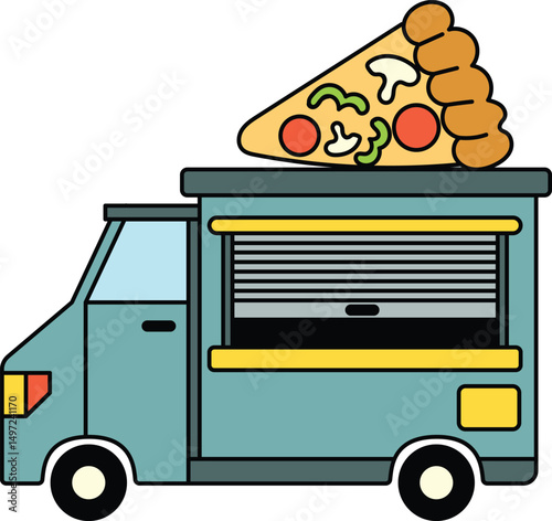 Pizza truck with giant slice sign illustration