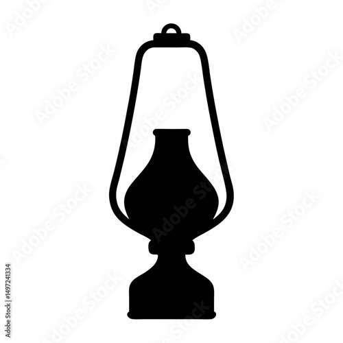 A vintage black and white silhouette of an oil lamp isolated on white