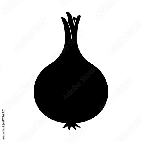 Silhouette of an onion bulb with root and stem details in black