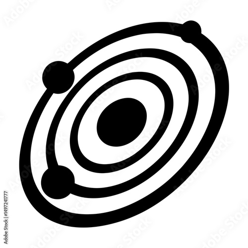 Illustration of an atom model showing orbiting electrons in black and white