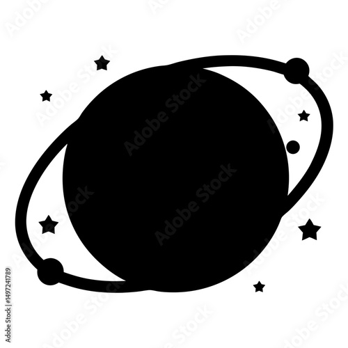 Black and White Planet with Rings and Stars in the Outer Space
