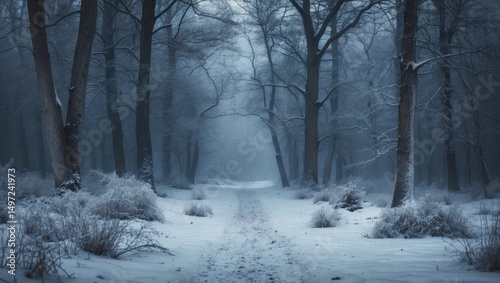Snow-covered winter forest scene with leafless trees and a pathway, creating a cold and serene atmosphere.