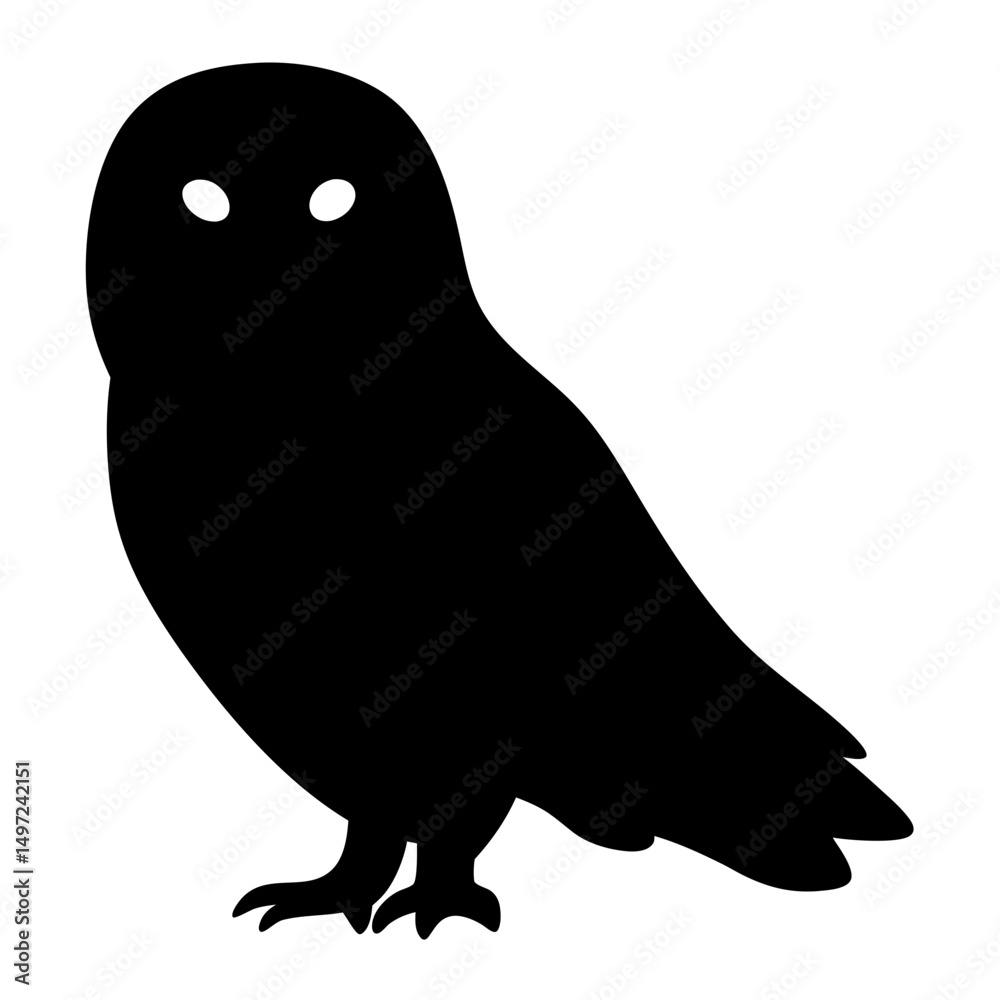 Fototapeta premium Silhouette of a cute owl with white eyes, standing against white background