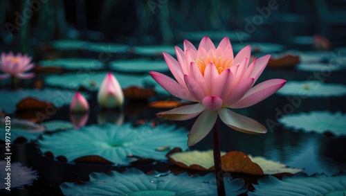 Pink lotus flower on water with lily pads and reflections, serene aquatic scene, nature and tranquility, pond life, floral and water environment