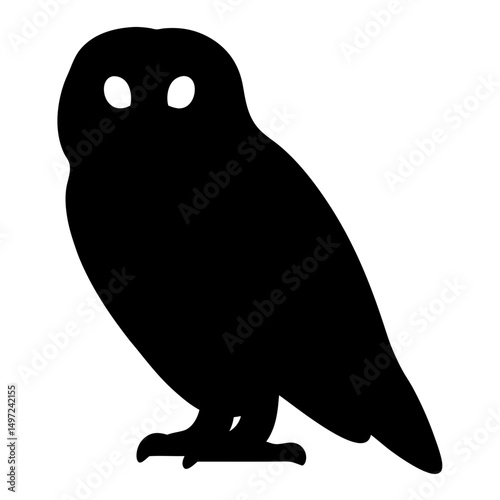 Black silhouette of an owl with large eyes and a stout body