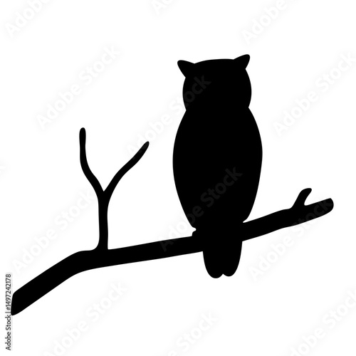 Silhouette of owl perched on a branch on a white background