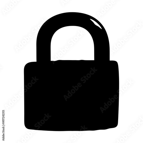 Simple black padlock with shackle in closed position, security concept art