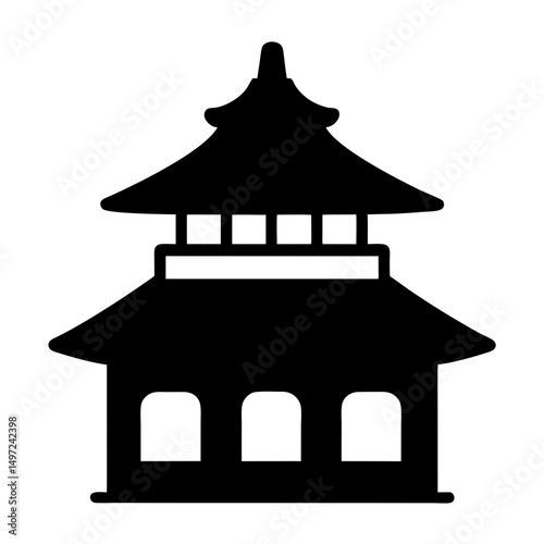 Black and white silhouette of a multi level Asian pagoda structure