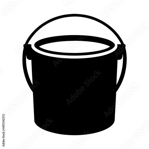 A black silhouette of a bucket with handle on a white background