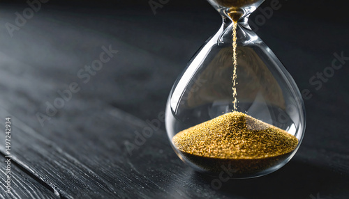 Golden sand flows in a sleek hourglass on a dark, textured surface. Symbol of time, deadlines, or finite resources. Ideal for business, finance, or lifestyle content.