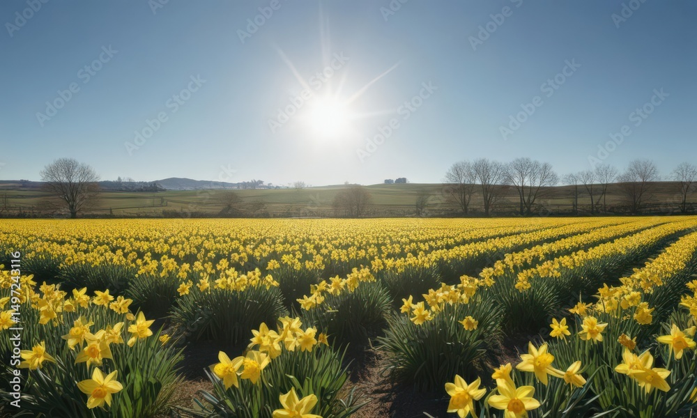 Fototapeta premium Vast field of daffodils bathed in sunlight, clear blue sky above , fresh, day, meadow