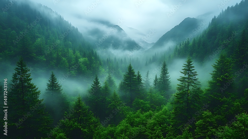 Fototapeta premium Misty pine forest mountain landscape images