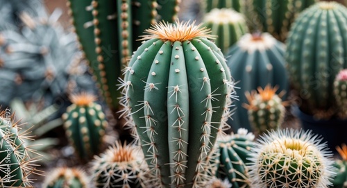 Close-up view of a tall, spiny cactus among other cacti with different shapes and sizes.