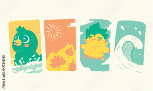 Colorful Cartoon Scenes of Animals in Nature with Playful Elements