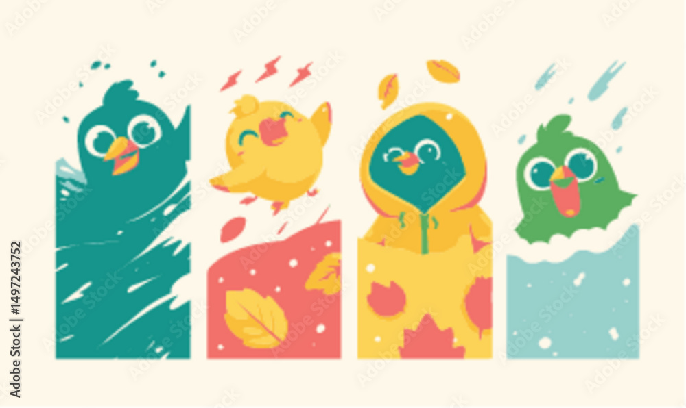 Obraz premium Cute Cartoon Birds in Seasonal Themes with Vibrant Colors and Styles