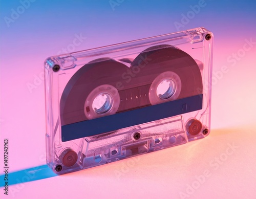 Vintage audio cassette with pink and blue gradient background