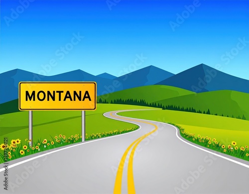Montana road with mountain view and floral border on a sunny day