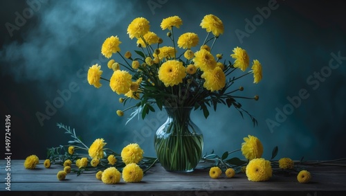 A vase filled with yellow flowers with some flowers scattered on the table, against a dark teal background. photo