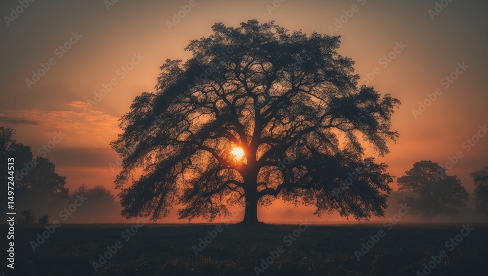 Fototapeta premium Tree at sunset with the sun shining through, creating a warm glow and a peaceful atmosphere.
