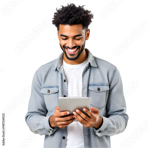 A smiling man with curly hair looking at a tablet on a black background