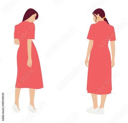 Woman in formal and casual pink dress - back view illustration.