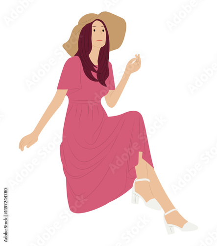Woman in pink dress and wide-brim hat sitting on floor - fashion illustration.