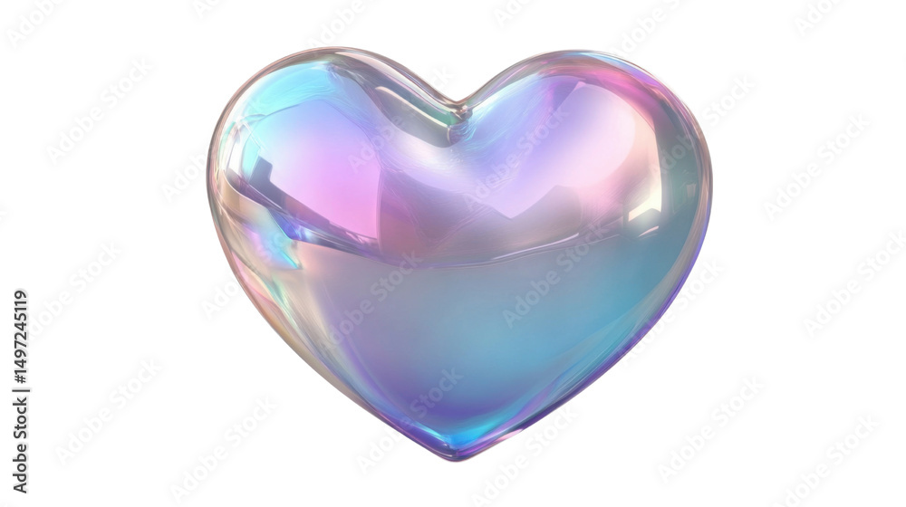 Heart-Shaped Glass Icon with Holographic Iridescent Effect in 3D Render Style Isolated on White Background Heart-Shaped Glass Icon with Holographic Iridescent Effect in 3D Render Style Isolated on White Background
