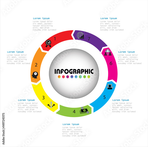 Colorful circular infographic with 7 segments and icons, perfect for visualizing business processes, steps, or strategy in a clean and modern style.
