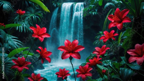 Lush jungle scene with vibrant red flowers in the foreground and a waterfall flowing into a serene pool in the background. photo