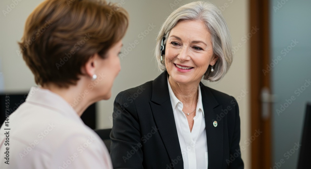 Mature Woman in Business Suit with Headset Professional Conversation Office Setting Mature Woman in Business Suit with Headset Professional Conversation Office Setting