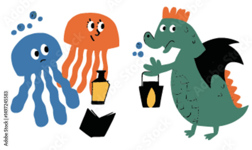 Colorful Cartoon Characters of Jellyfish and Dragon in Playful Scene