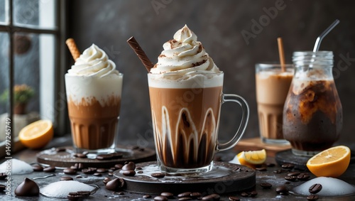 Assorted iced and hot chocolate drinks with whipped cream, chocolate, and lemon slices on a dark background. photo