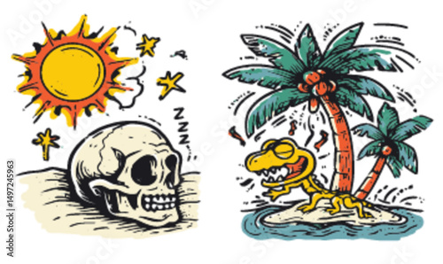 Vibrant Illustrations of Skull and Tropical Scene with Sun and Palm Trees