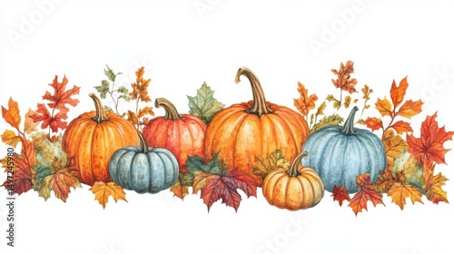 Colorful Assortment of Pumpkins and Autumn Leaves on White Background