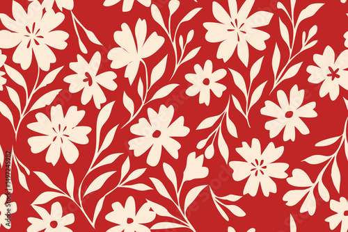 Seamless floral pattern with cream flowers and leaves on red background. Decorative flower design for textile, wallpaper, wrapping paper, fashion fabric, and surface print.