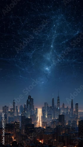 A sense of innovation is created by the network grid and starry night that illuminate the digital futuristic city skyline.