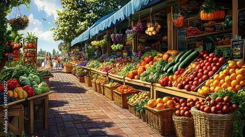 Colorful farmers market display, fresh vegetables and fruits, bustling atmosphere, sunny day