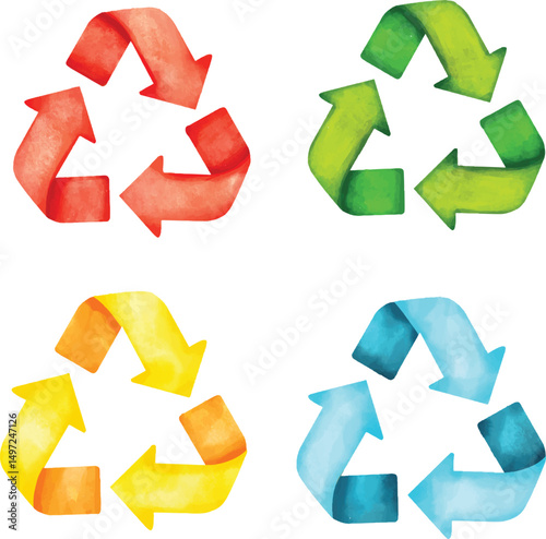 Green red Yellow Blue Recycle Signs, Hand Drawn Sustainability Icons, Watercolor Recycling Set, Environmental and Waste Sorting Icons, Recycling Symbols in Watercolor,  Color Coded for Waste Managemen