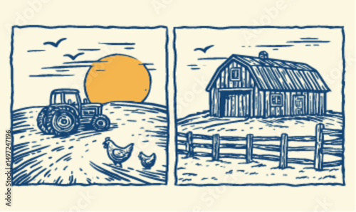 Tractor and Barn Illustration with Chickens and Sunset in Vector Art