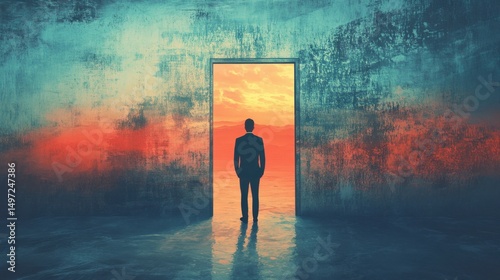 Businessman standing looking out of the door with a beautiful view. The concept of getting out of the comfort zone. Digital art style. illustration painting