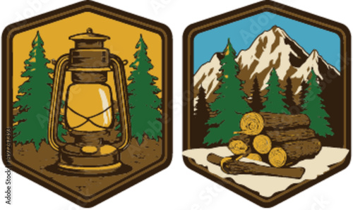 Vintage Camping Lantern and Log Pile Vector Art for Outdoor Themes