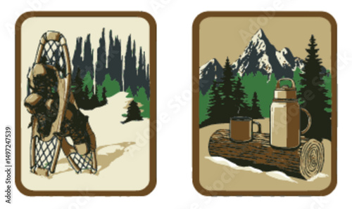 Vintage Snowshoeing and Mountain Scene Vector Art Illustration