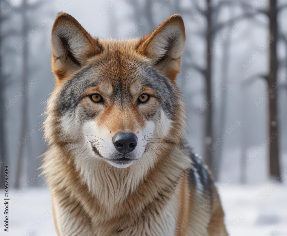 Naklejka premium Eurasian wolf blends with snowy landscape, sharp gaze , predator, nature, habitat