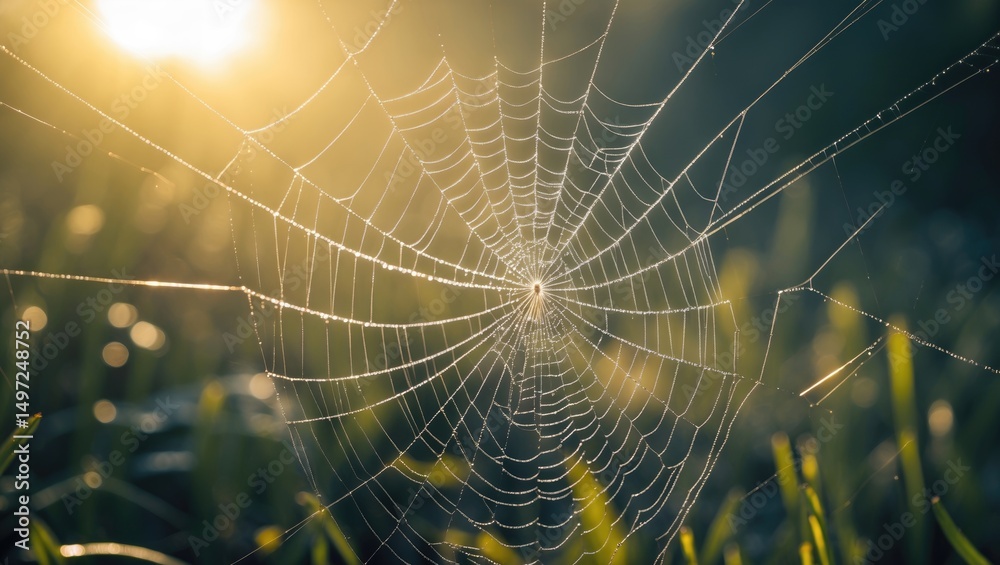 Naklejka premium Close-up of spider web with dew, backlit by morning sun, with blurred green grass in the background. Nature and arachnid spider web detail. The concept of delicate web structure and morning light.