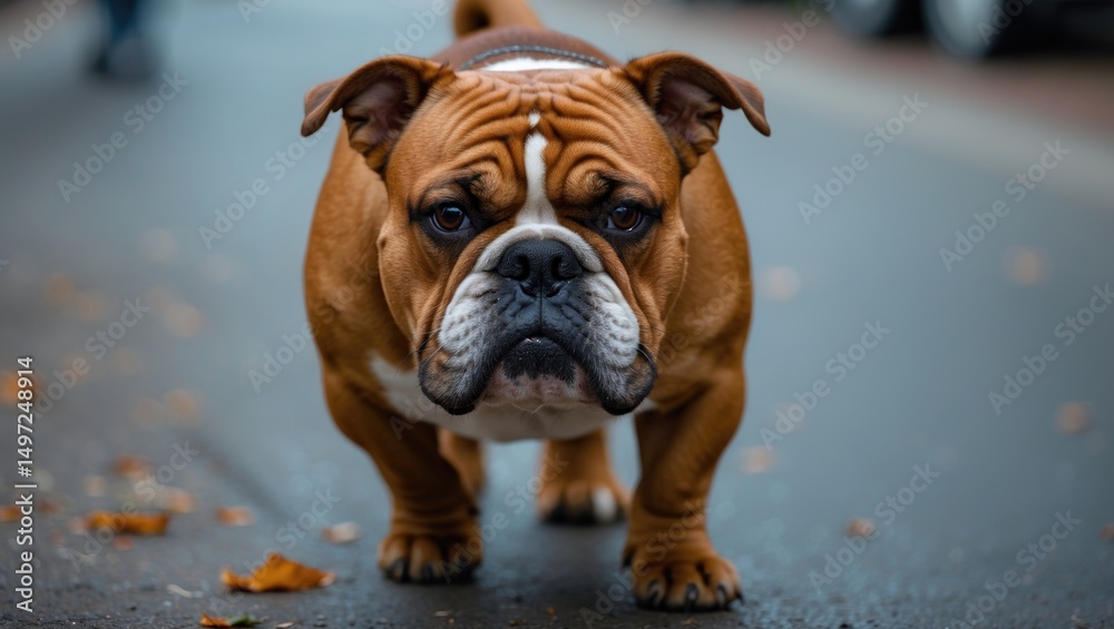 Fototapeta premium A close-up view of a brown and white bulldog puppy walking on the street with fallen leaves.