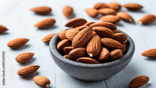 Almonds in a bowl with some scattered around on a light surface. Nut snack, healthy eating, and natural food. The concept of nutritious and organic snacks. photo