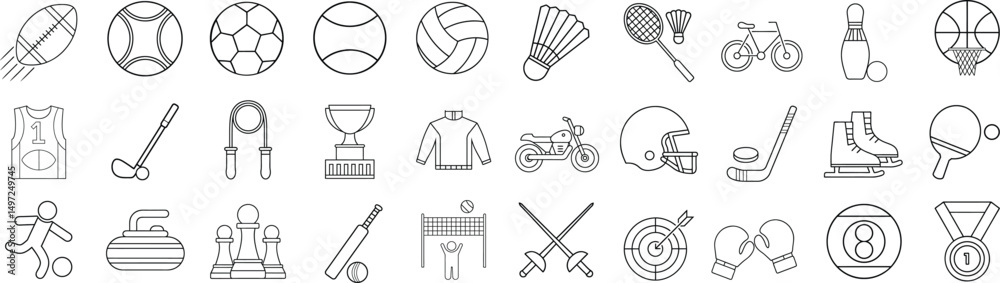Fototapeta premium Sports outline icon set. Containing football, basketball, trophy, competition, medal, gym, volleyball and more. 