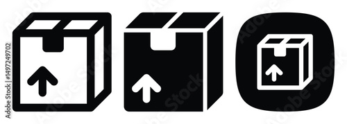 Cardboard Box with Up Arrow Icons Set, Outline, Solid, Glyph Styles Vector
